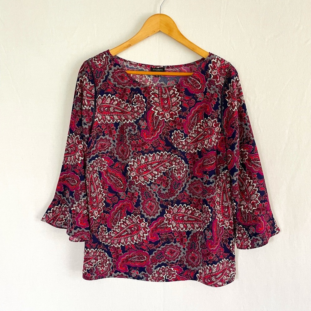 TALBOTS Women's Size Medium Pink Paisley Popover Side Zip Top